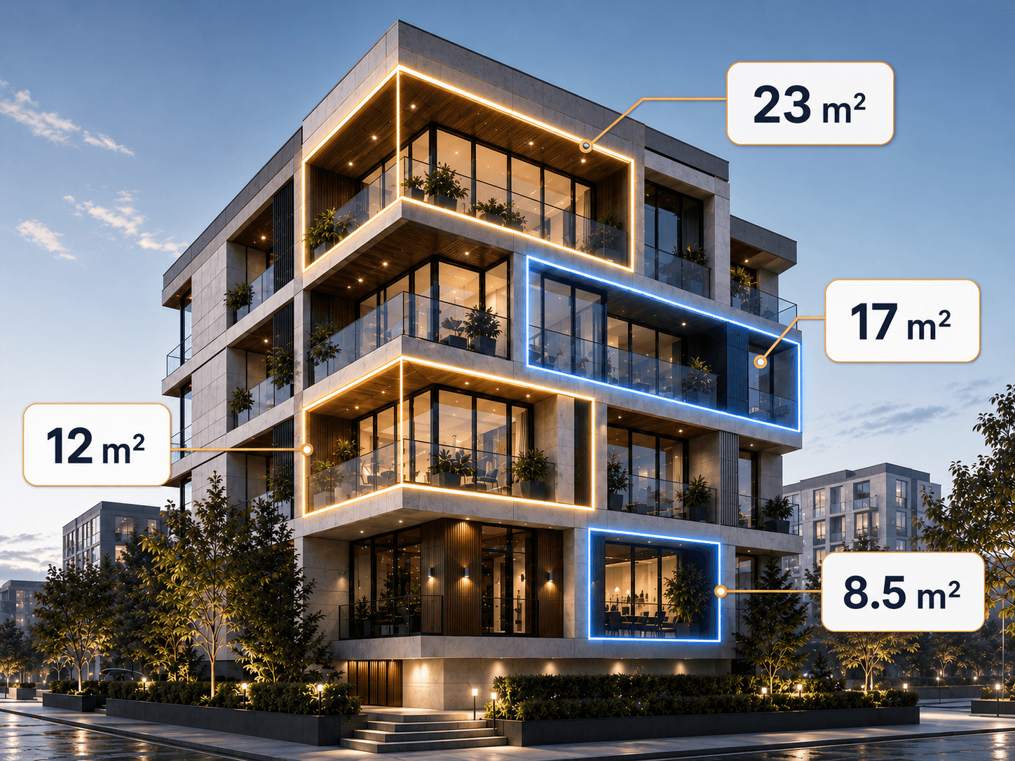 Modern residential building with apartments outlined and their square-meter sizes highlighted