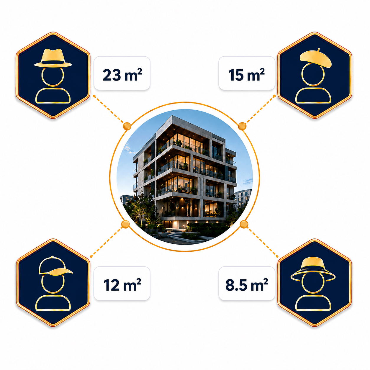 Four co-owners sharing a building, each with their square-meter allocation